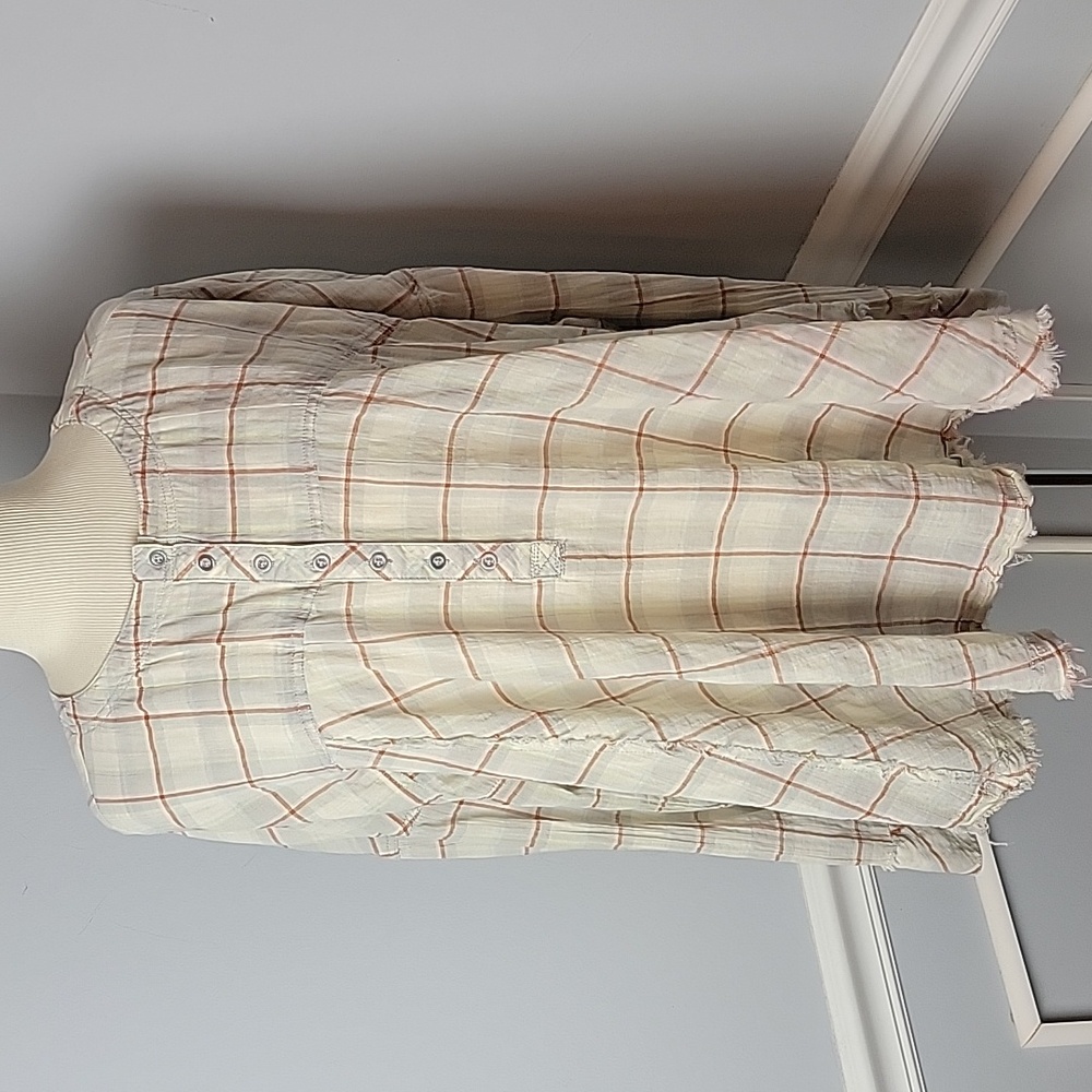 WE THE FREE | FREE PEOPLE Oversized Windowpane Rounded Raw Hem Boho Casual Top M